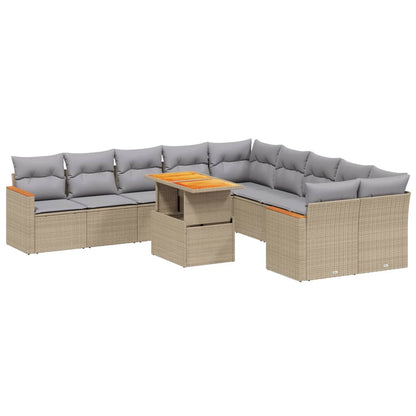 11-tlg. Garten-Sofagarnitur mit Kissen Beige Poly Rattan