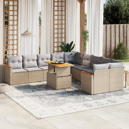 11-tlg. Garten-Sofagarnitur mit Kissen Beige Poly Rattan