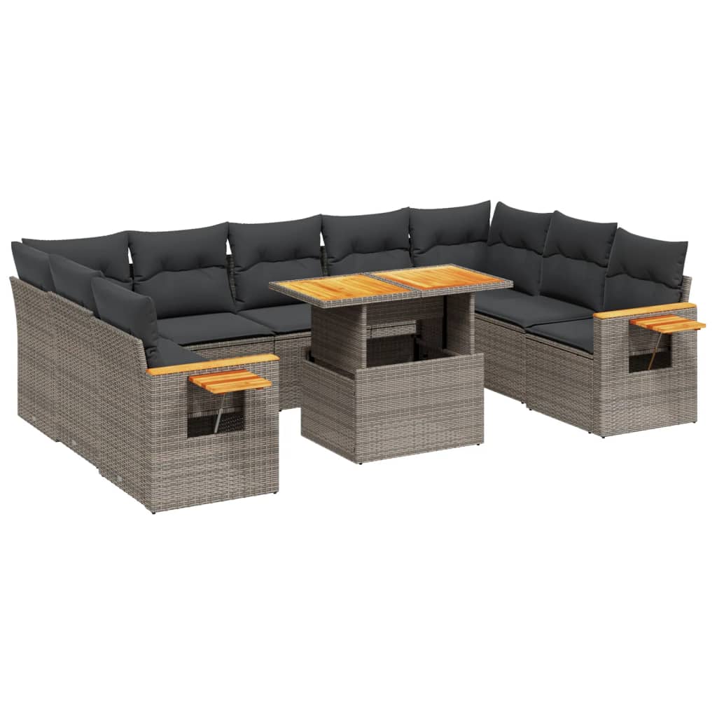 10-tlg. Garten-Sofagarnitur mit Kissen Grau Poly Rattan