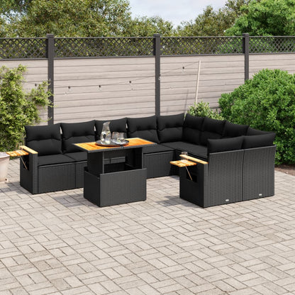 10-tlg. Garten-Sofagarnitur mit Kissen Schwarz Poly Rattan