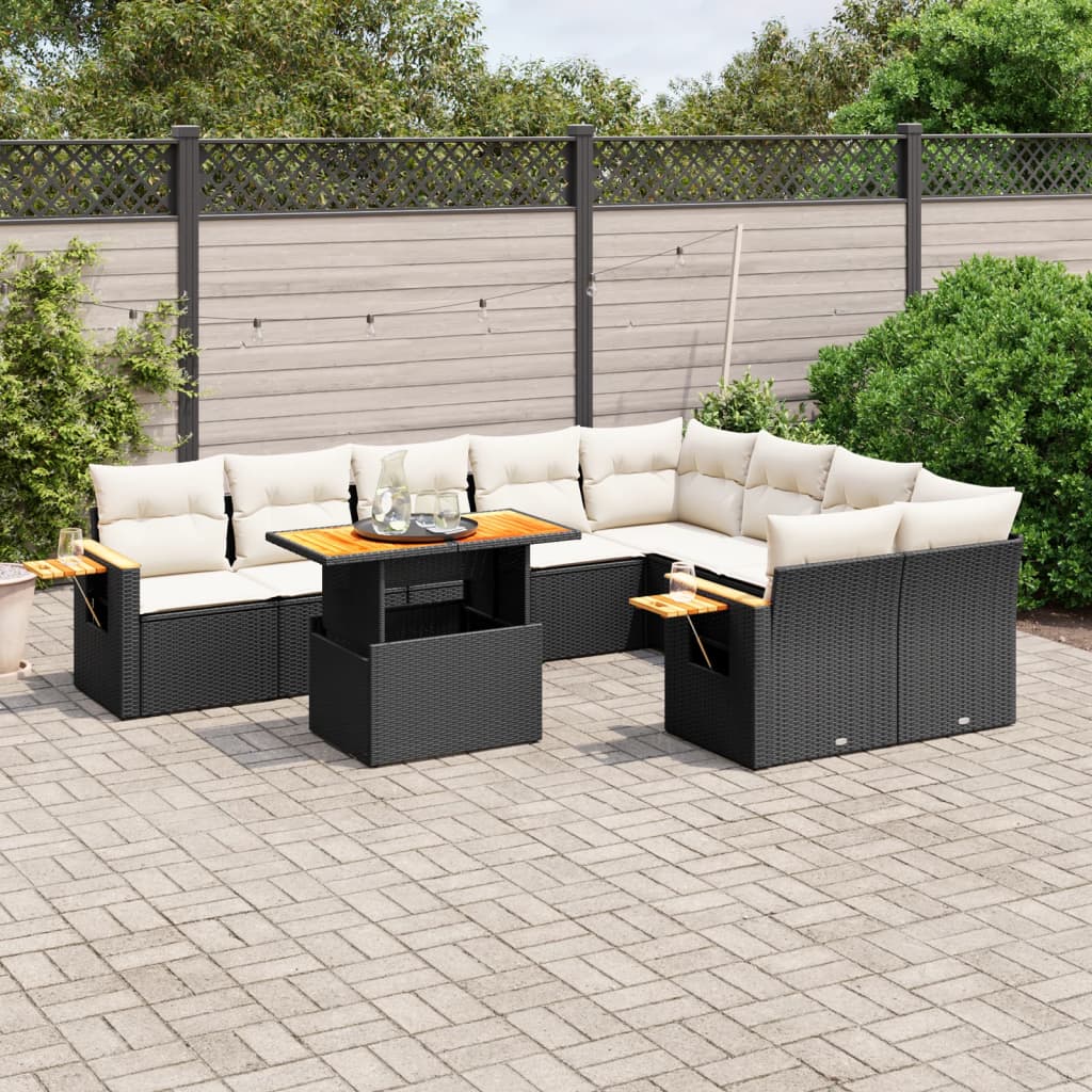 10-tlg. Garten-Sofagarnitur mit Kissen Schwarz Poly Rattan