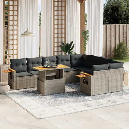 10-tlg. Garten-Sofagarnitur mit Kissen Grau Poly Rattan