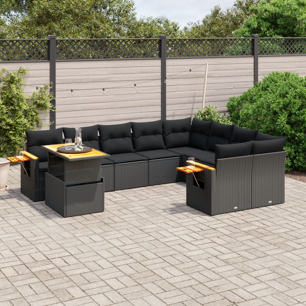 10-tlg. Garten-Sofagarnitur mit Kissen Schwarz Poly Rattan