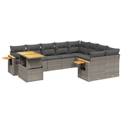 10-tlg. Garten-Sofagarnitur mit Kissen Grau Poly Rattan