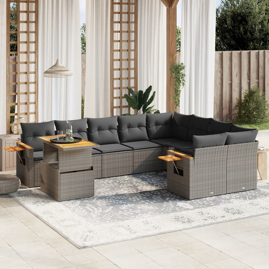 10-tlg. Garten-Sofagarnitur mit Kissen Grau Poly Rattan