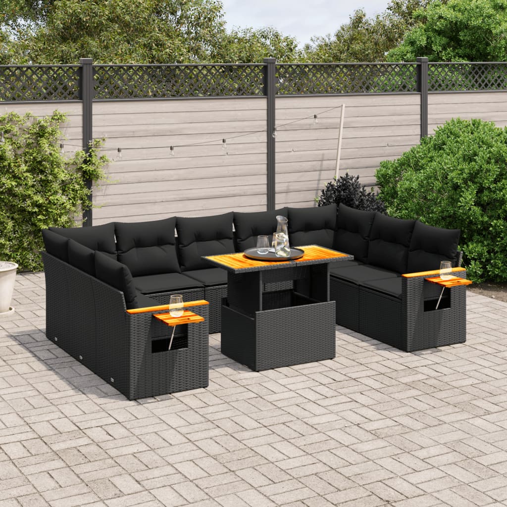 11-tlg. Garten-Sofagarnitur mit Kissen Schwarz Poly Rattan