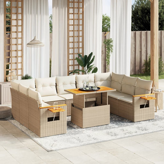 11-tlg. Garten-Sofagarnitur mit Kissen Beige Poly Rattan