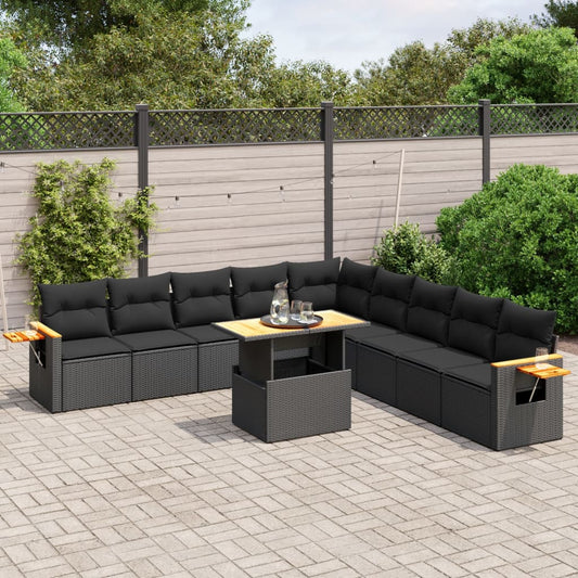 11-tlg. Garten-Sofagarnitur mit Kissen Schwarz Poly Rattan