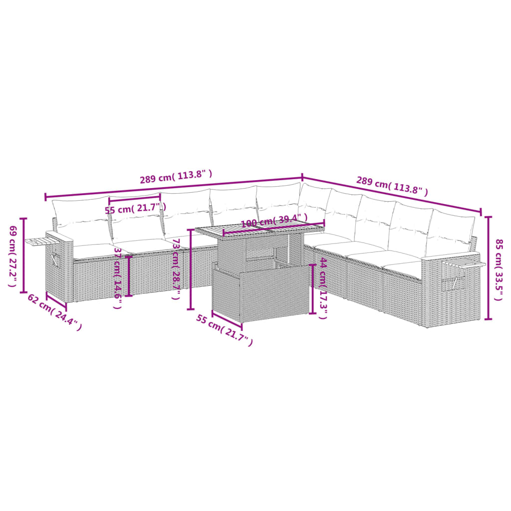 11-tlg. Garten-Sofagarnitur mit Kissen Grau Poly Rattan