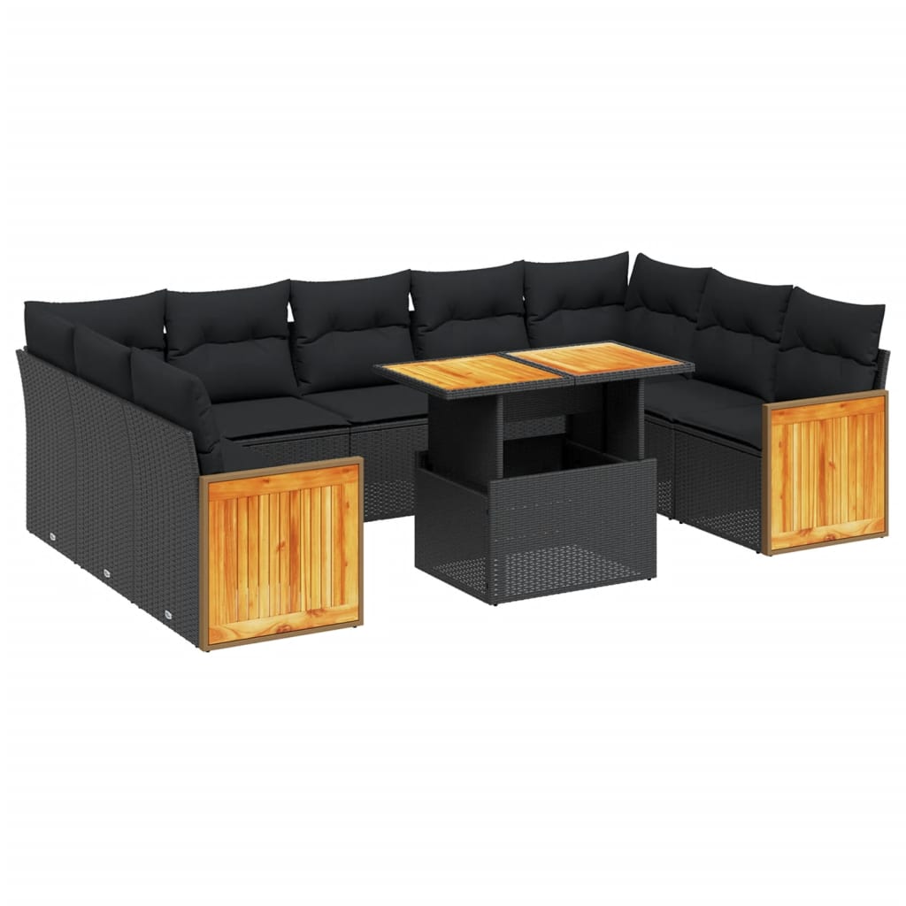 10-tlg. Garten-Sofagarnitur mit Kissen Schwarz Poly Rattan