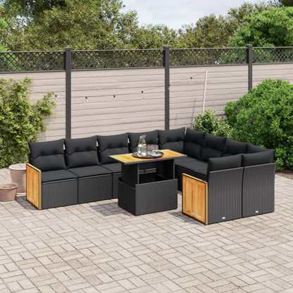 10-tlg. Garten-Sofagarnitur mit Kissen Schwarz Poly Rattan