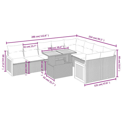 10-tlg. Garten-Sofagarnitur mit Kissen Schwarz Poly Rattan