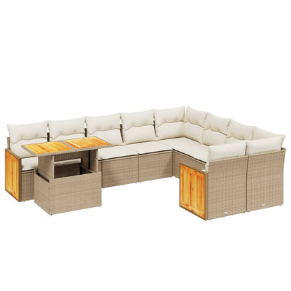 10-tlg. Garten-Sofagarnitur mit Kissen Beige Poly Rattan