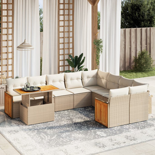 10-tlg. Garten-Sofagarnitur mit Kissen Beige Poly Rattan