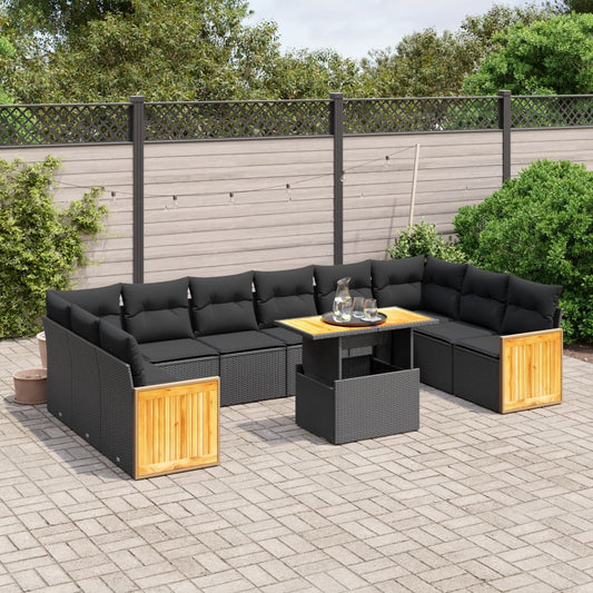 11-tlg. Garten-Sofagarnitur mit Kissen Schwarz Poly Rattan