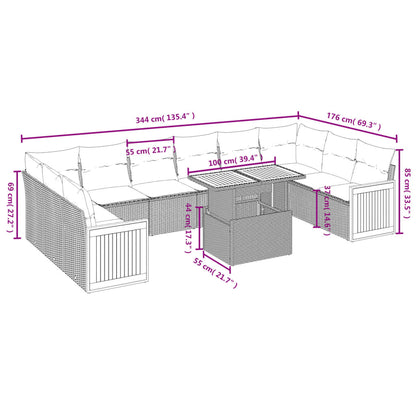 11-tlg. Garten-Sofagarnitur mit Kissen Beige Poly Rattan