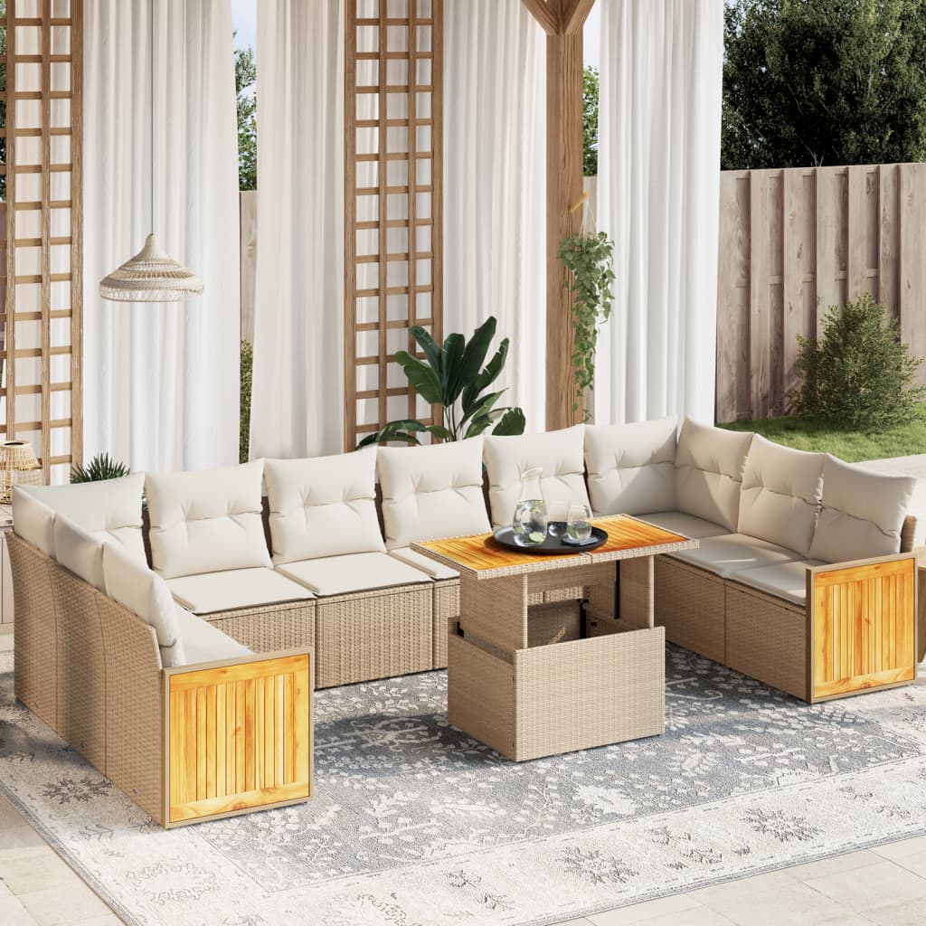 11-tlg. Garten-Sofagarnitur mit Kissen Beige Poly Rattan