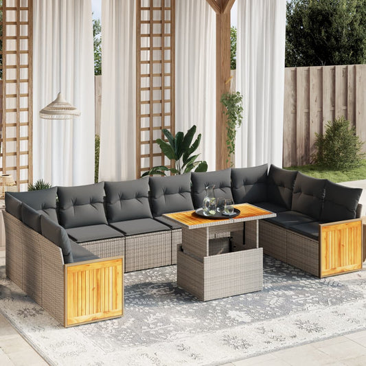 11-tlg. Garten-Sofagarnitur mit Kissen Grau Poly Rattan