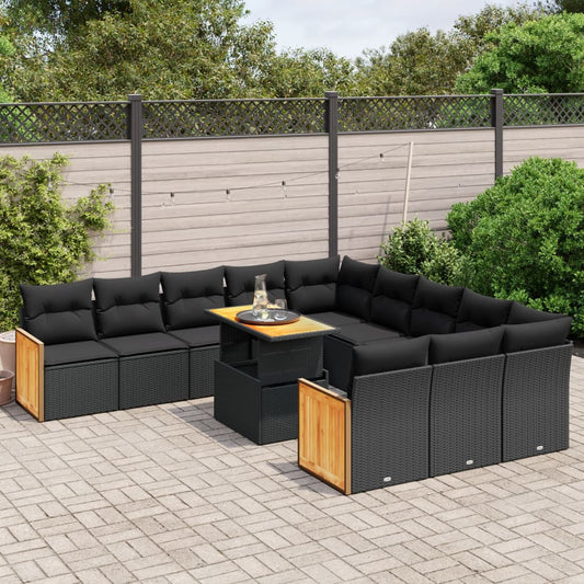 11-tlg. Garten-Sofagarnitur mit Kissen Schwarz Poly Rattan