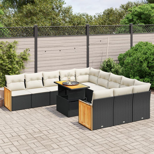 11-tlg. Garten-Sofagarnitur mit Kissen Schwarz Poly Rattan