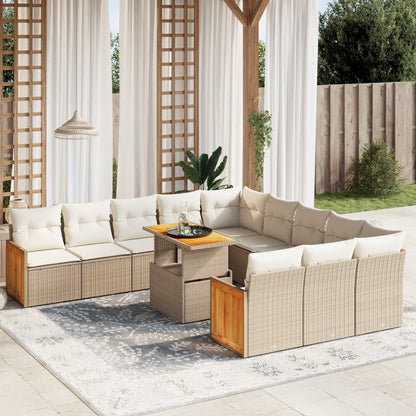 11-tlg. Garten-Sofagarnitur mit Kissen Beige Poly Rattan