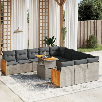 11-tlg. Garten-Sofagarnitur mit Kissen Grau Poly Rattan