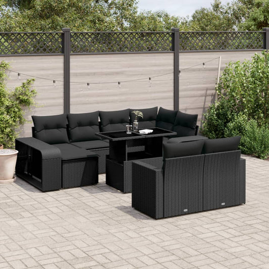 11-tlg. Garten-Sofagarnitur mit Kissen Schwarz Poly Rattan