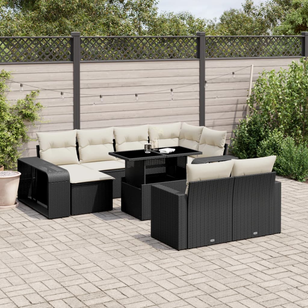 11-tlg. Garten-Sofagarnitur mit Kissen Schwarz Poly Rattan