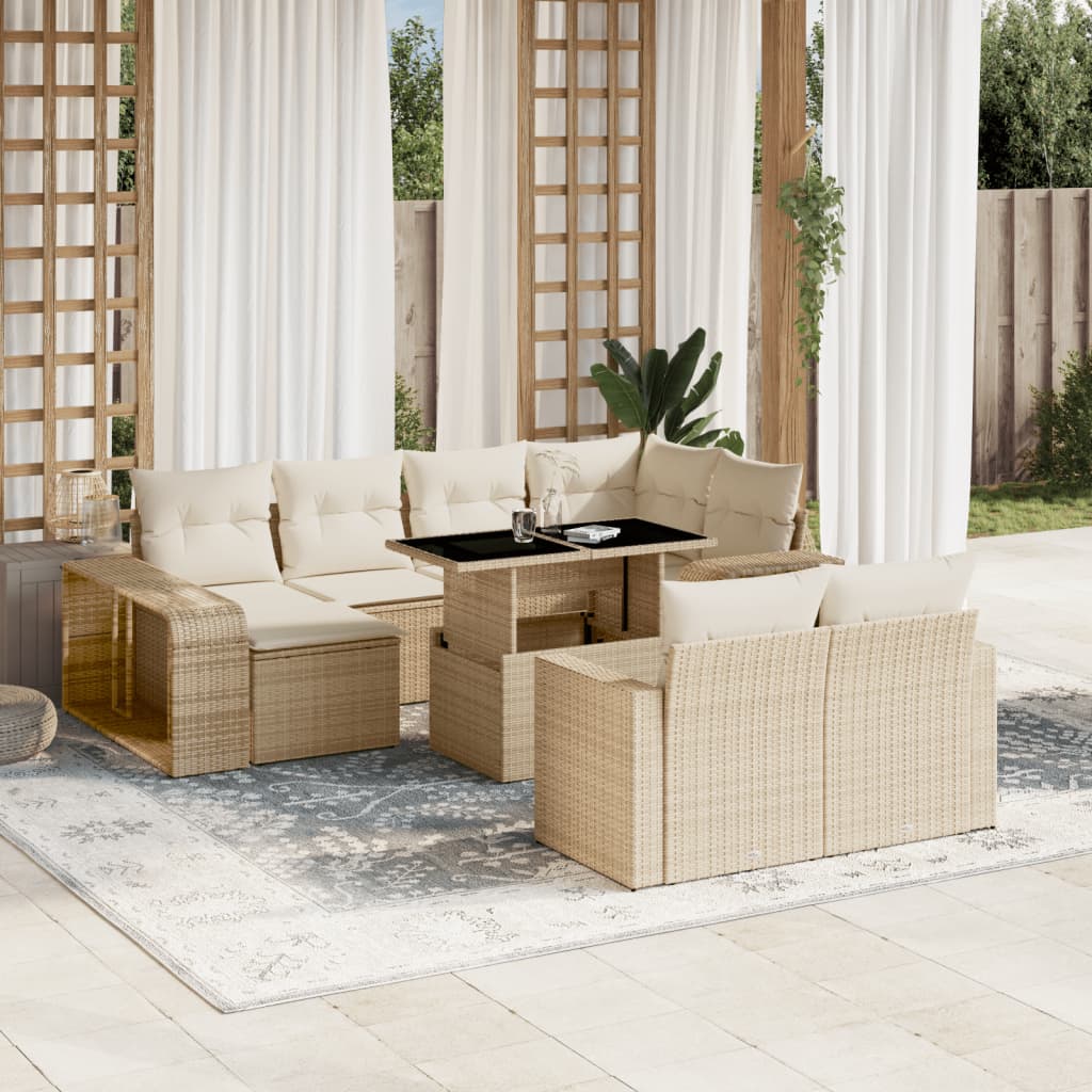 11-tlg. Garten-Sofagarnitur mit Kissen Beige Poly Rattan