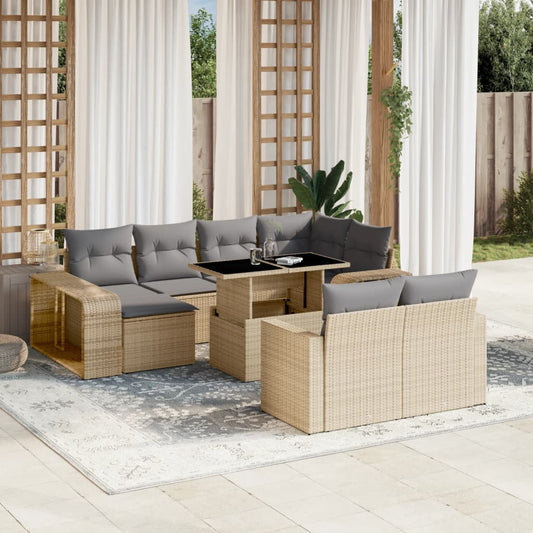 11-tlg. Garten-Sofagarnitur mit Kissen Beige Poly Rattan