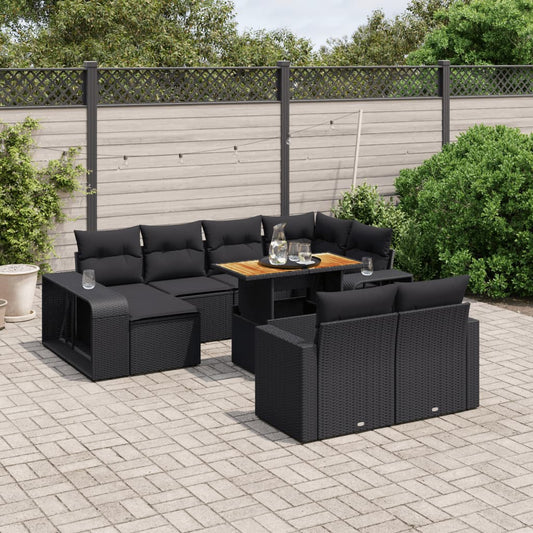 11-tlg. Garten-Sofagarnitur mit Kissen Schwarz Poly Rattan