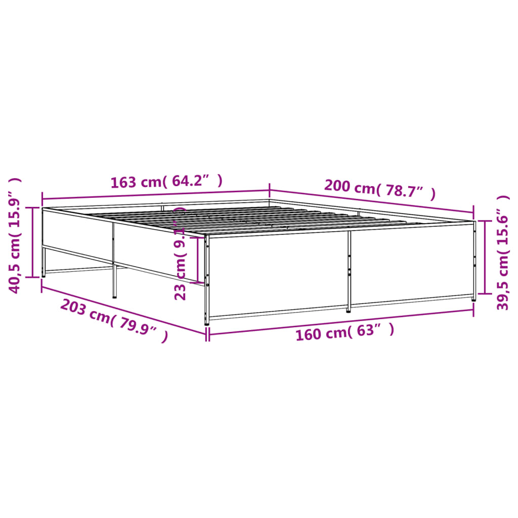 Bettgestell Grau Sonoma 160x200 cm Holzwerkstoff und Metall