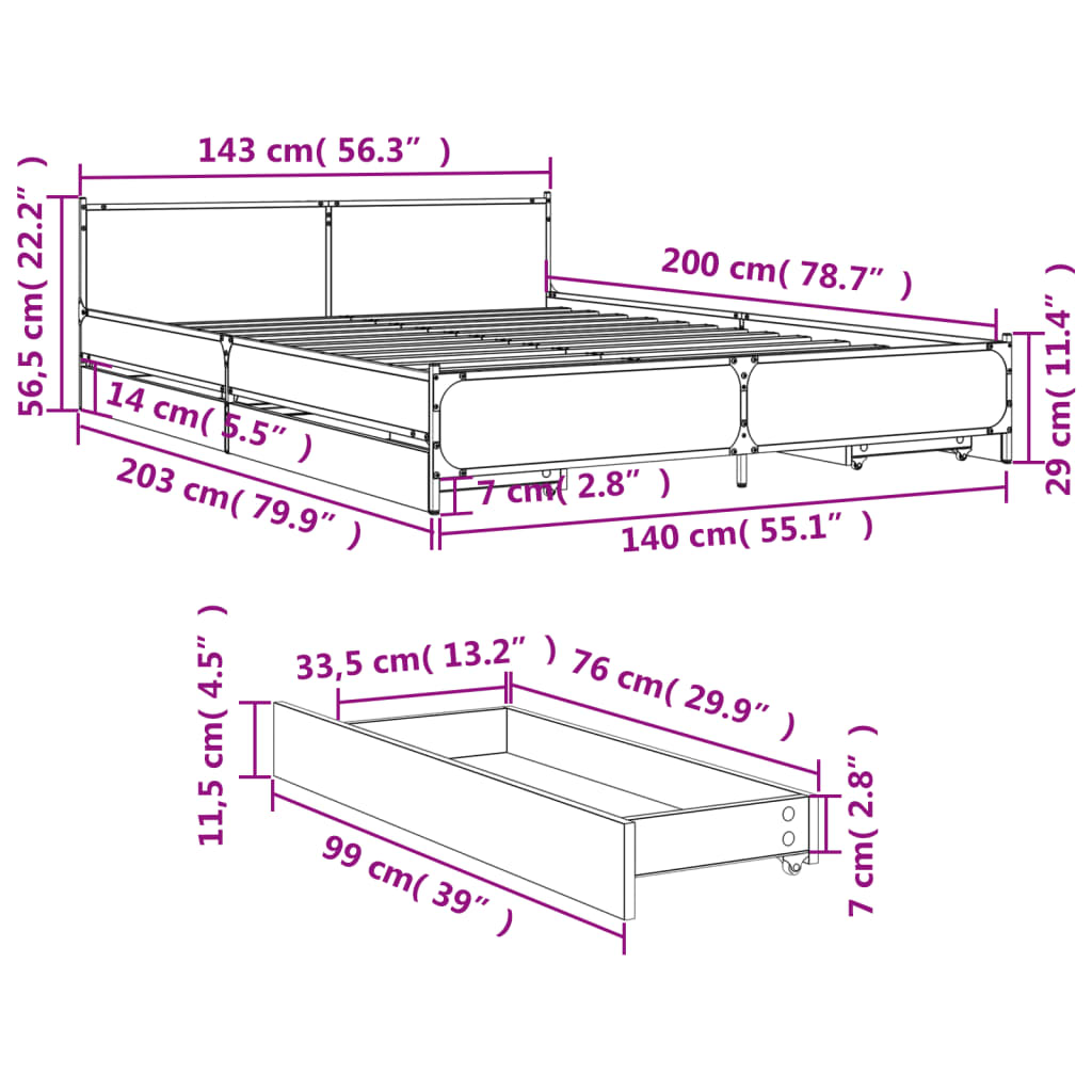 Bettgestell mit Schubladen Sonoma-Eiche 140x200cm Holzwerkstoff