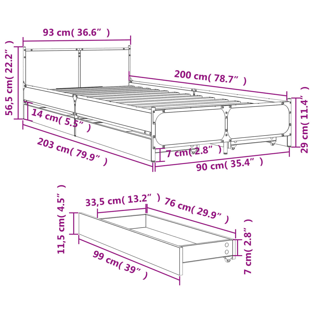 Bettgestell mit Schubladen Sonoma-Eiche 90x200cm Holzwerkstoff