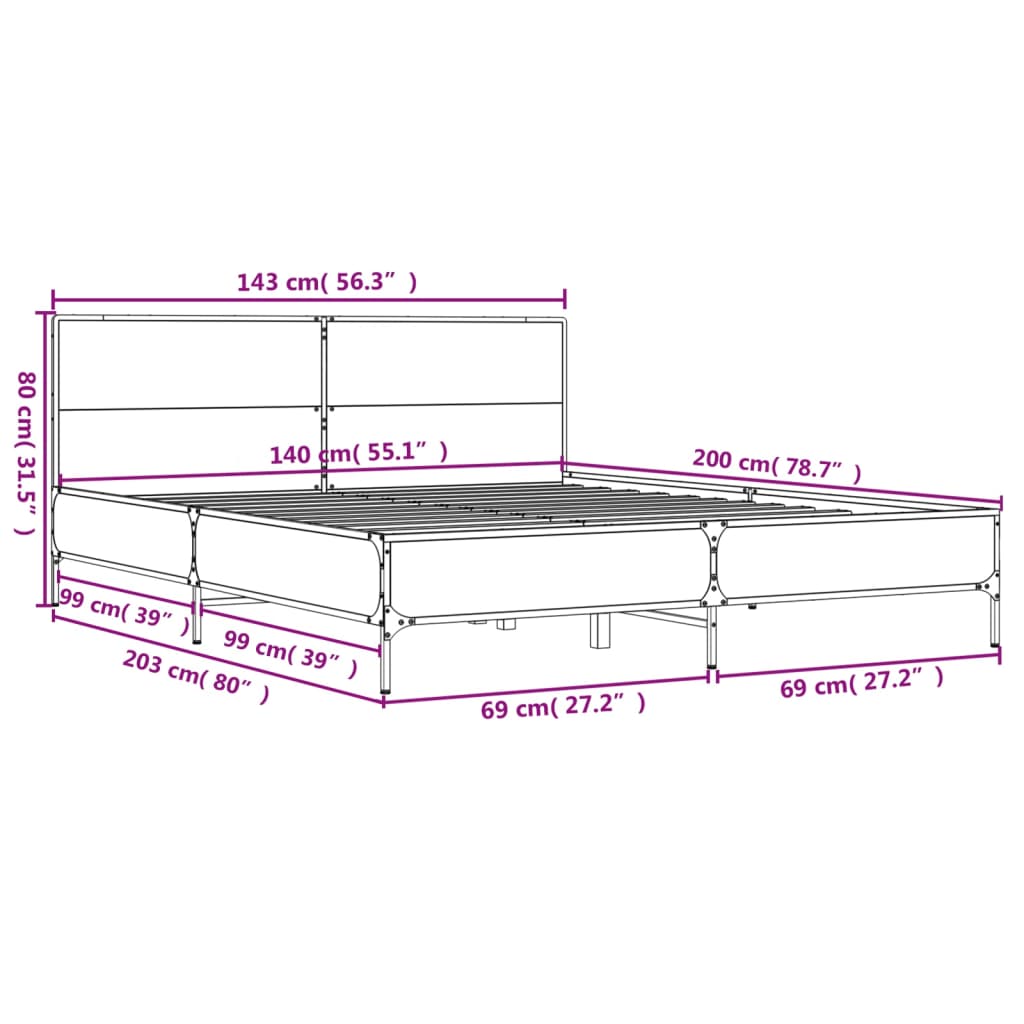 Bettgestell Sonoma-Eiche 140x200 cm Holzwerkstoff und Metall