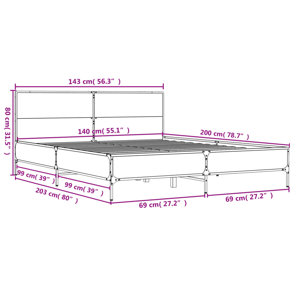 Bettgestell Grau Sonoma 140x200 cm Holzwerkstoff und Metall