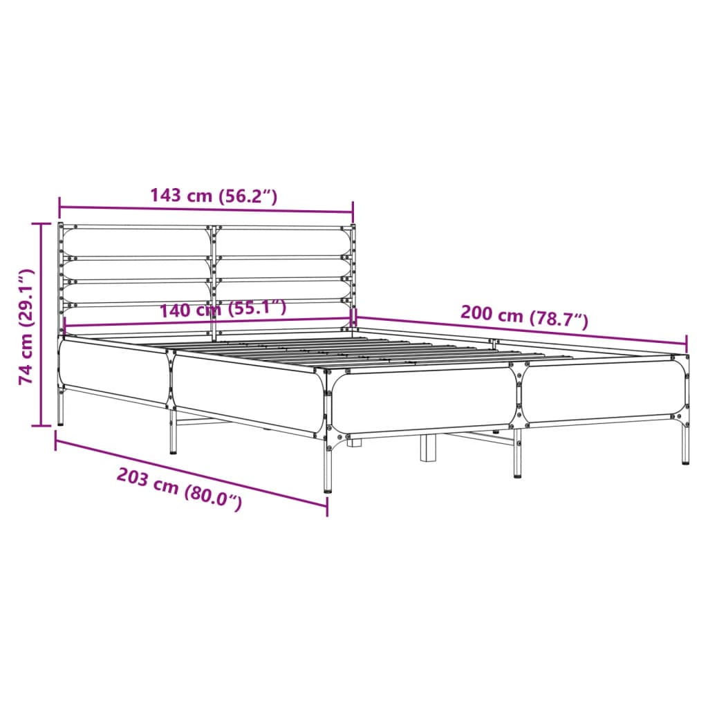 Bettgestell Sonoma-Eiche 140x200 cm Holzwerkstoff und Metall