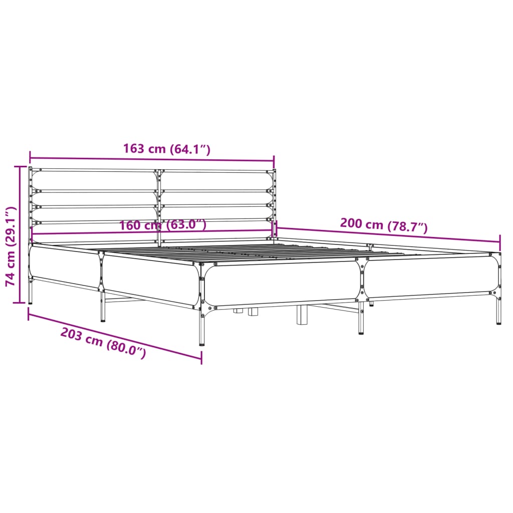 Bettgestell Grau Sonoma 160x200 cm Holzwerkstoff und Metall