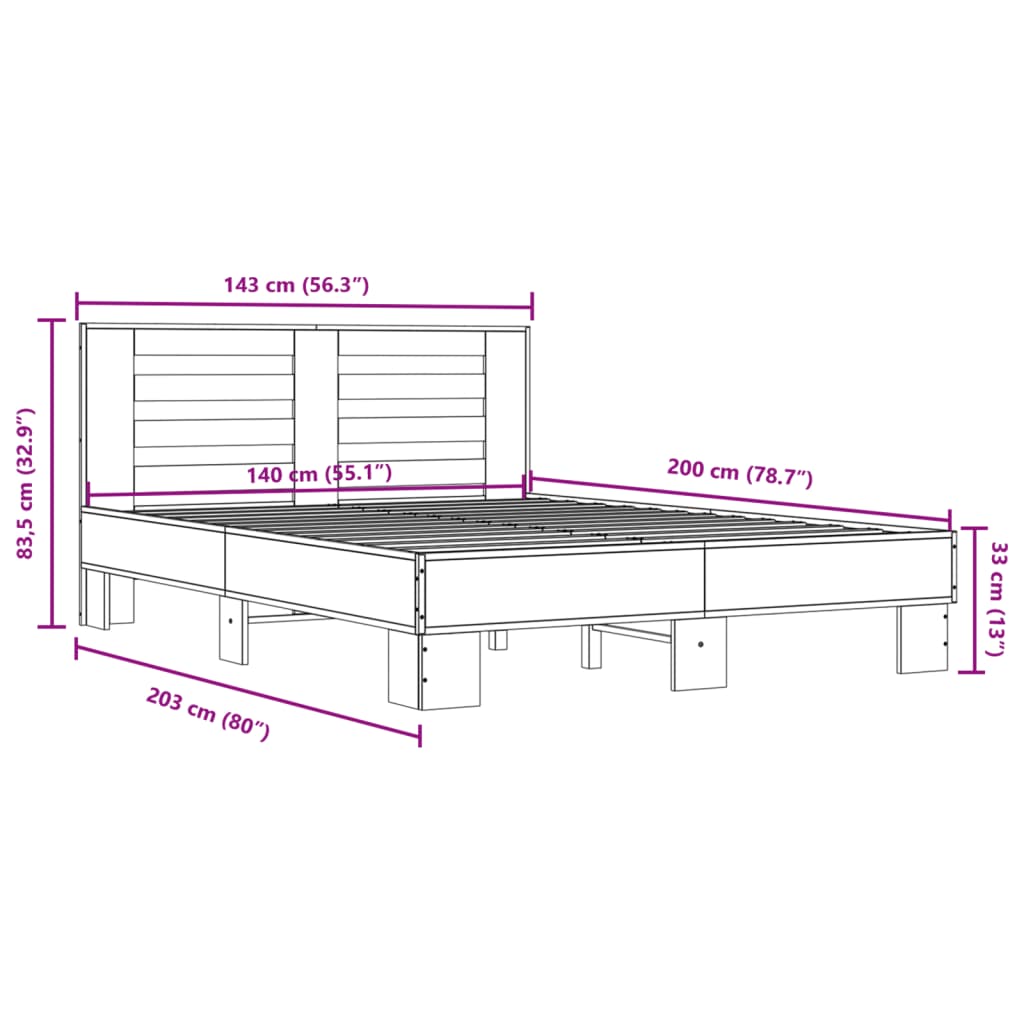 Bettgestell Grau Sonoma 140x200 cm Holzwerkstoff und Metall