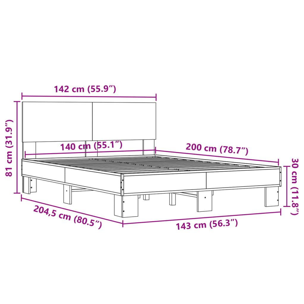 Bettgestell Sonoma-Eiche 140x200 cm Holzwerkstoff und Metall