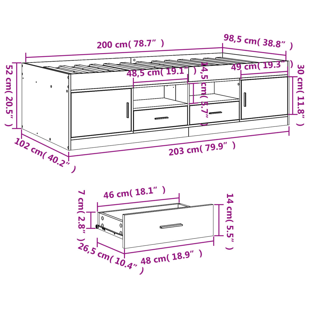 Tagesbett mit Schubladen ohne Matratze Sonoma-Eiche 100x200 cm