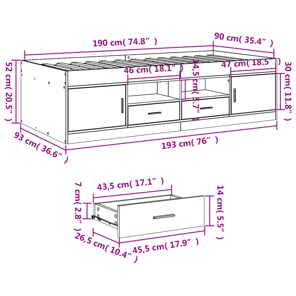 Tagesbett mit Schubladen ohne Matratze Schwarz 90x190 cm