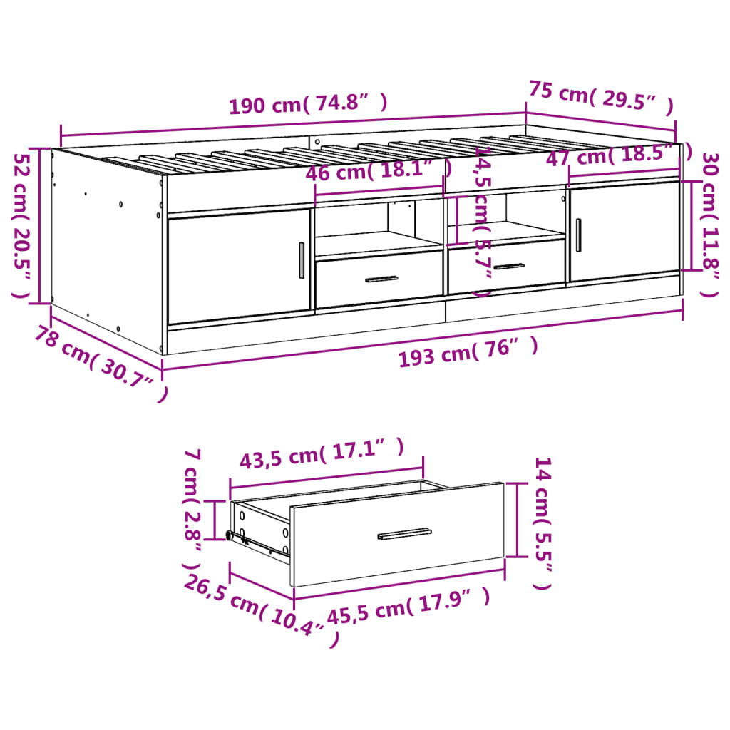 Tagesbett mit Schubladen ohne Matratze Schwarz 75x190 cm