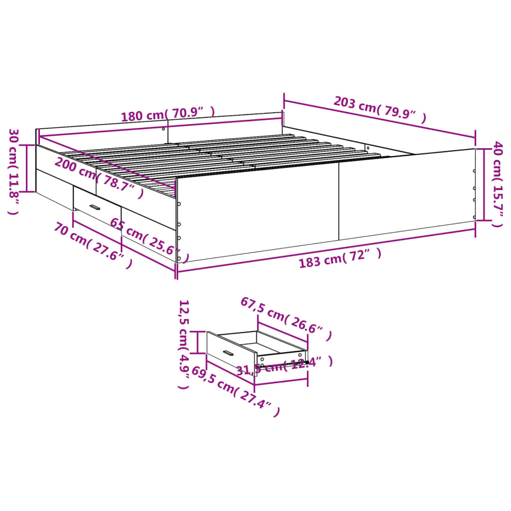 Bettgestell mit Schubladen Grau Sonoma 180x200cm Holzwerkstoff