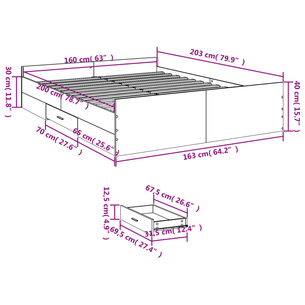 Bettgestell mit Schubladen Grau Sonoma 160x200 cm Holzwerkstoff