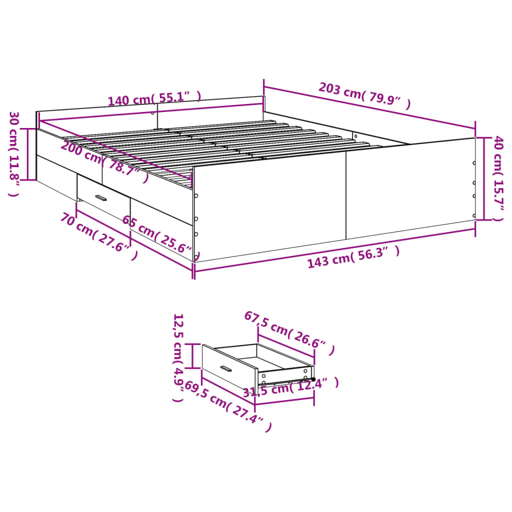 Bettgestell mit Schubladen Grau Sonoma 140x200 cm Holzwerkstoff