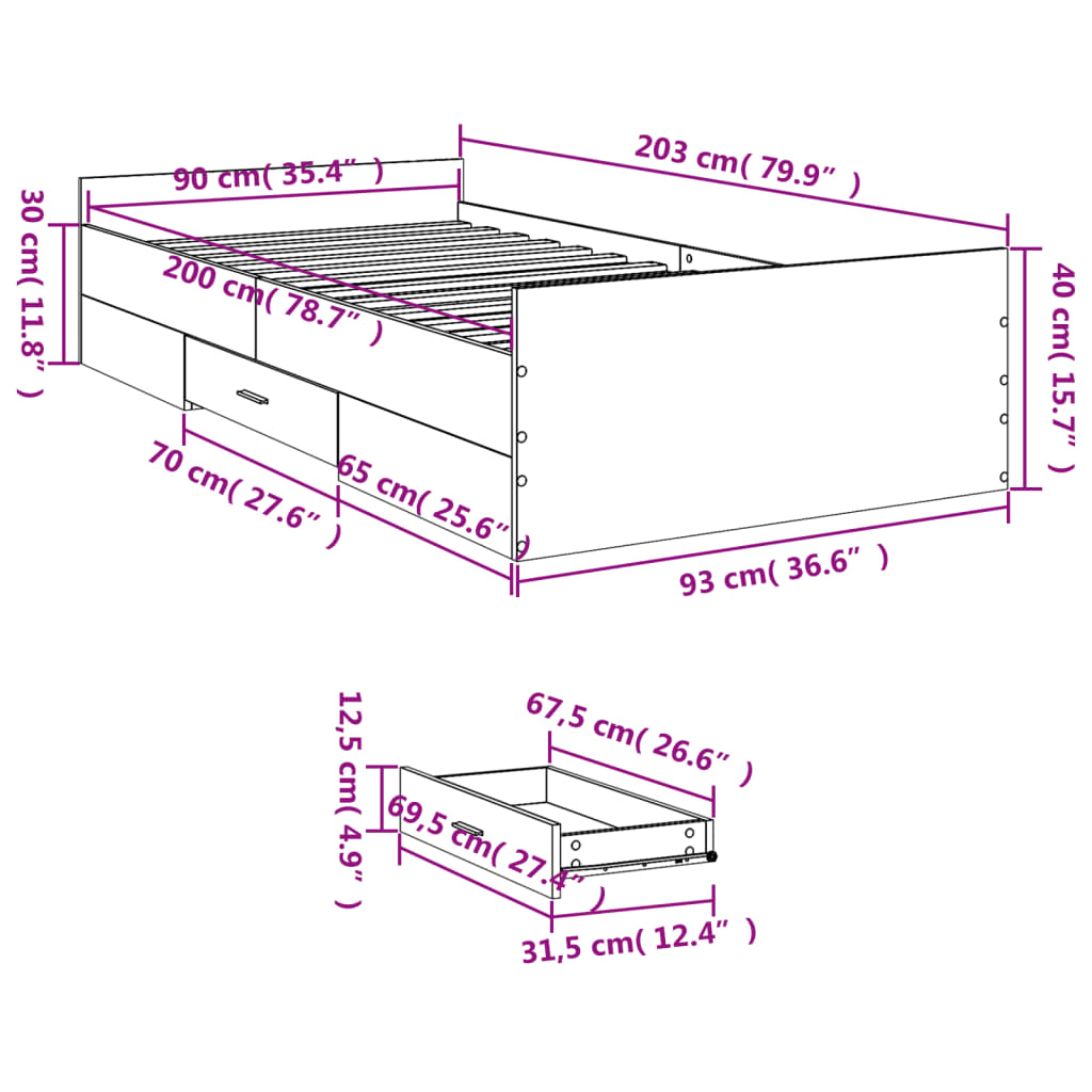 Bettgestell mit Schubladen Weiß 90x200 cm Holzwerkstoff