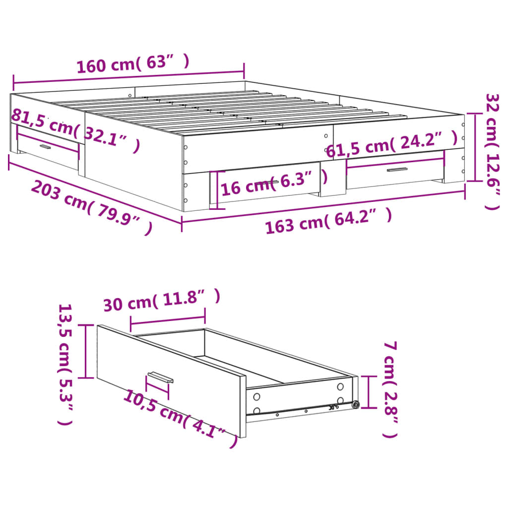 Bettgestell mit Schubladen Schwarz 160x200 cm Holzwerkstoff