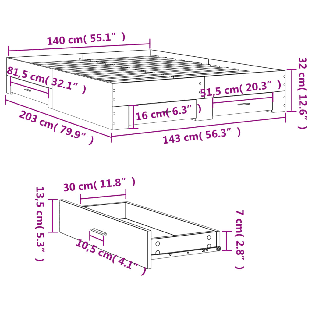 Bettgestell mit Schubladen Schwarz 140x200 cm Holzwerkstoff