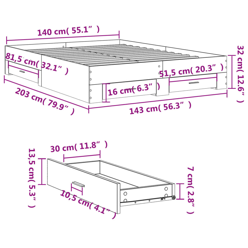 Bettgestell mit Schubladen Sonoma-Eiche 140x200cm Holzwerkstoff